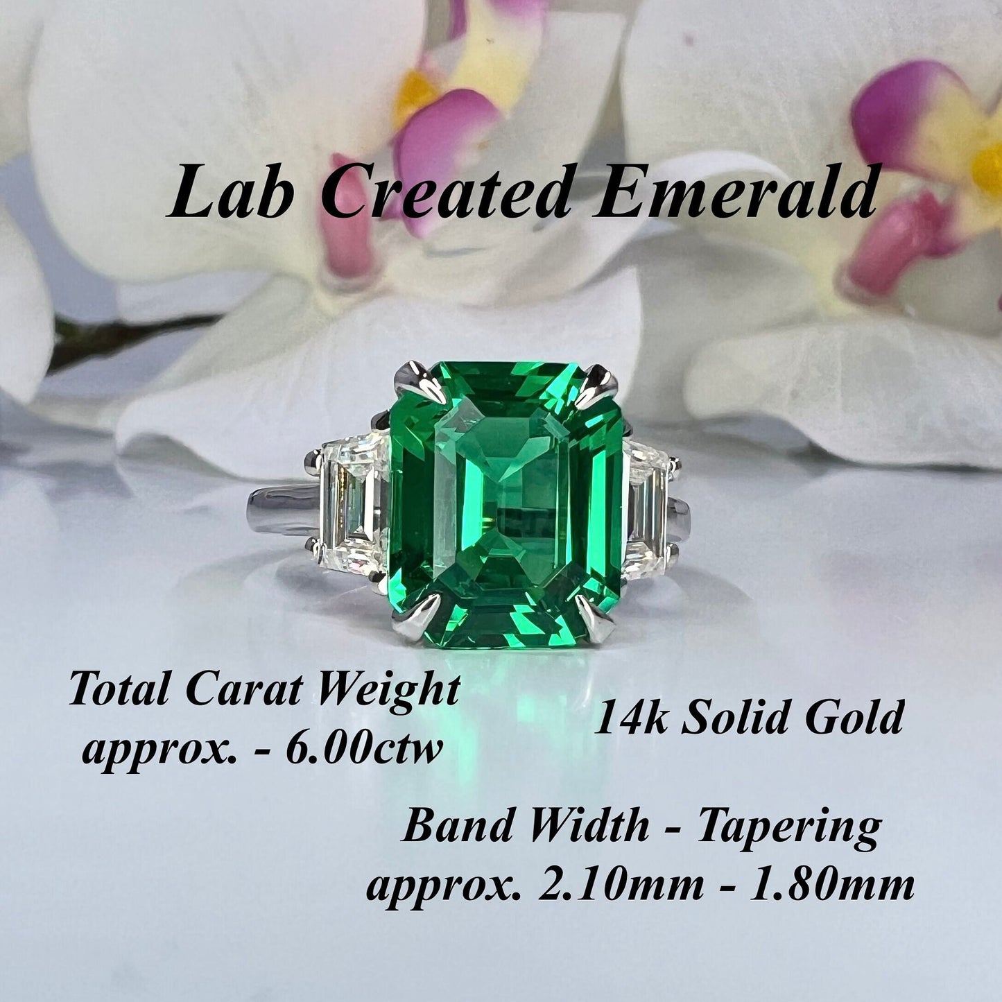 Emerald Cut Emerald Engagement Ring with Trapezoid 14K Solid White Gold, Emerald Three Stone Ladies Ring, Unique Emerald Wedding Ring  #7080