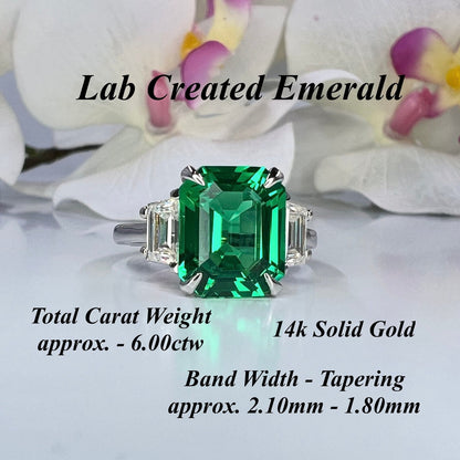 Emerald Cut Emerald Engagement Ring with Trapezoid 14K Solid White Gold, Emerald Three Stone Ladies Ring, Unique Emerald Wedding Ring  #7080