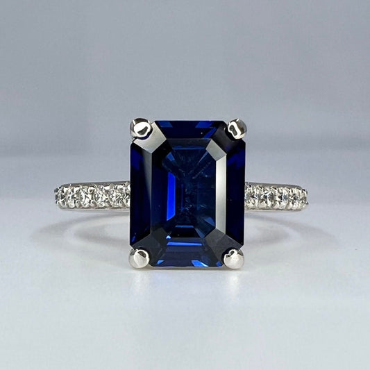 Emerald Cut Blue Sapphire Engagement Ring 14K White Gold,  September Birthstone Ring For Ladies,  Blue Sapphire and Moissanite Ring,   #6373