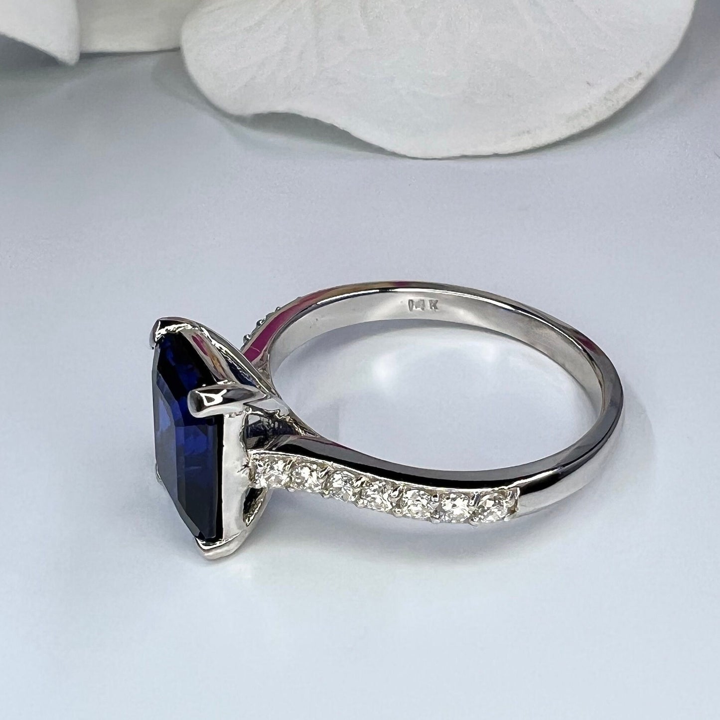Emerald Cut Blue Sapphire Engagement Ring 14K White Gold,  September Birthstone Ring For Ladies,  Blue Sapphire and Moissanite Ring,   #6373