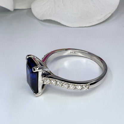 Emerald Cut Blue Sapphire Engagement Ring 14K White Gold,  September Birthstone Ring For Ladies,  Blue Sapphire and Moissanite Ring,   #6373