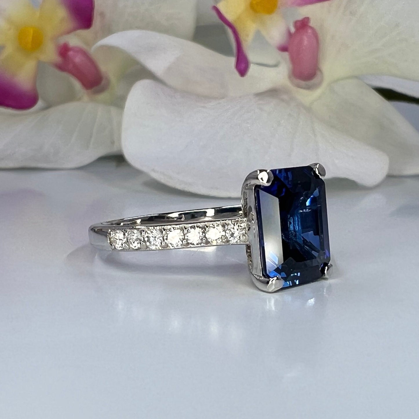 Emerald Cut Blue Sapphire Engagement Ring 14K White Gold,  September Birthstone Ring For Ladies,  Blue Sapphire and Moissanite Ring,   #6373