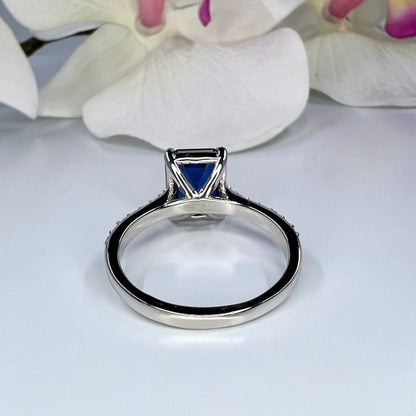 Emerald Cut Blue Sapphire Engagement Ring 14K White Gold,  September Birthstone Ring For Ladies,  Blue Sapphire and Moissanite Ring,   #6373