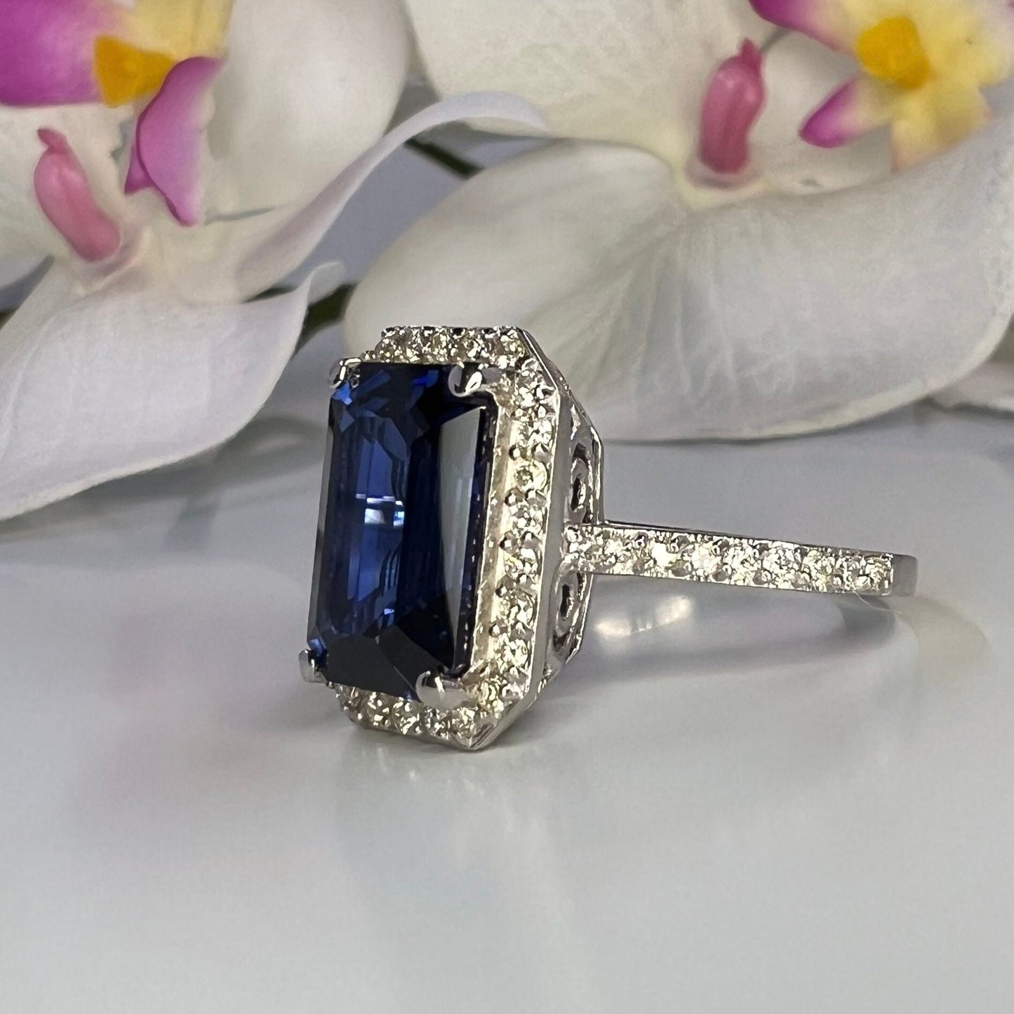 Elongated emerald cut rich blue sapphire, diamond halo, engagement ring 5.00ctw, 14k white gold #6058 #6804