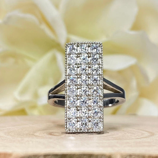 Moissanite Ring 14K White Gold, Moissanite Diamond Cluster Ring For Ladies, Unique Bar Ring Moissanite Diamond Engagement Ring 7229