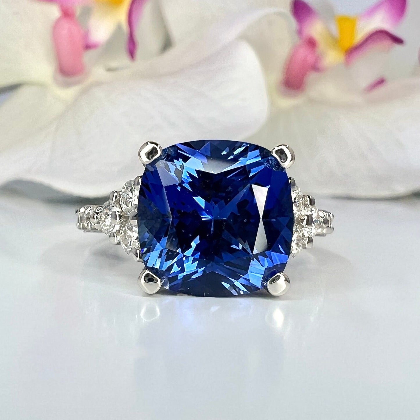 Blue Sapphire Ring 14K White Gold, September Birthstone Wedding Ring, Cushion Cut Blue Sapphire Engagement Ring, Unique Sapphire Ring