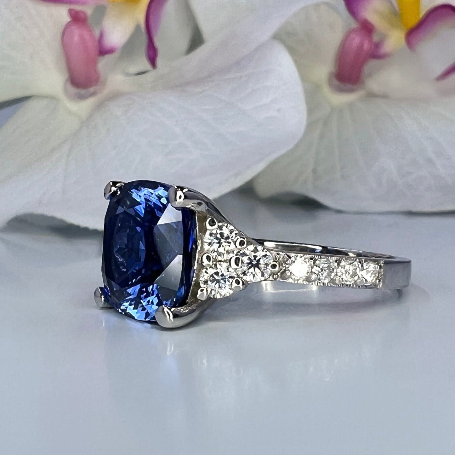 Blue Sapphire Ring 14K White Gold, September Birthstone Wedding Ring, Cushion Cut Blue Sapphire Engagement Ring, Unique Sapphire Ring