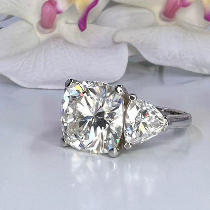 Cushion Cut Moissanite Engagement Ring, Large Three Stone Ring, Moissanite Wedding Ring, 14k Gold Ladies Ring, Anniversary Gift, #7316