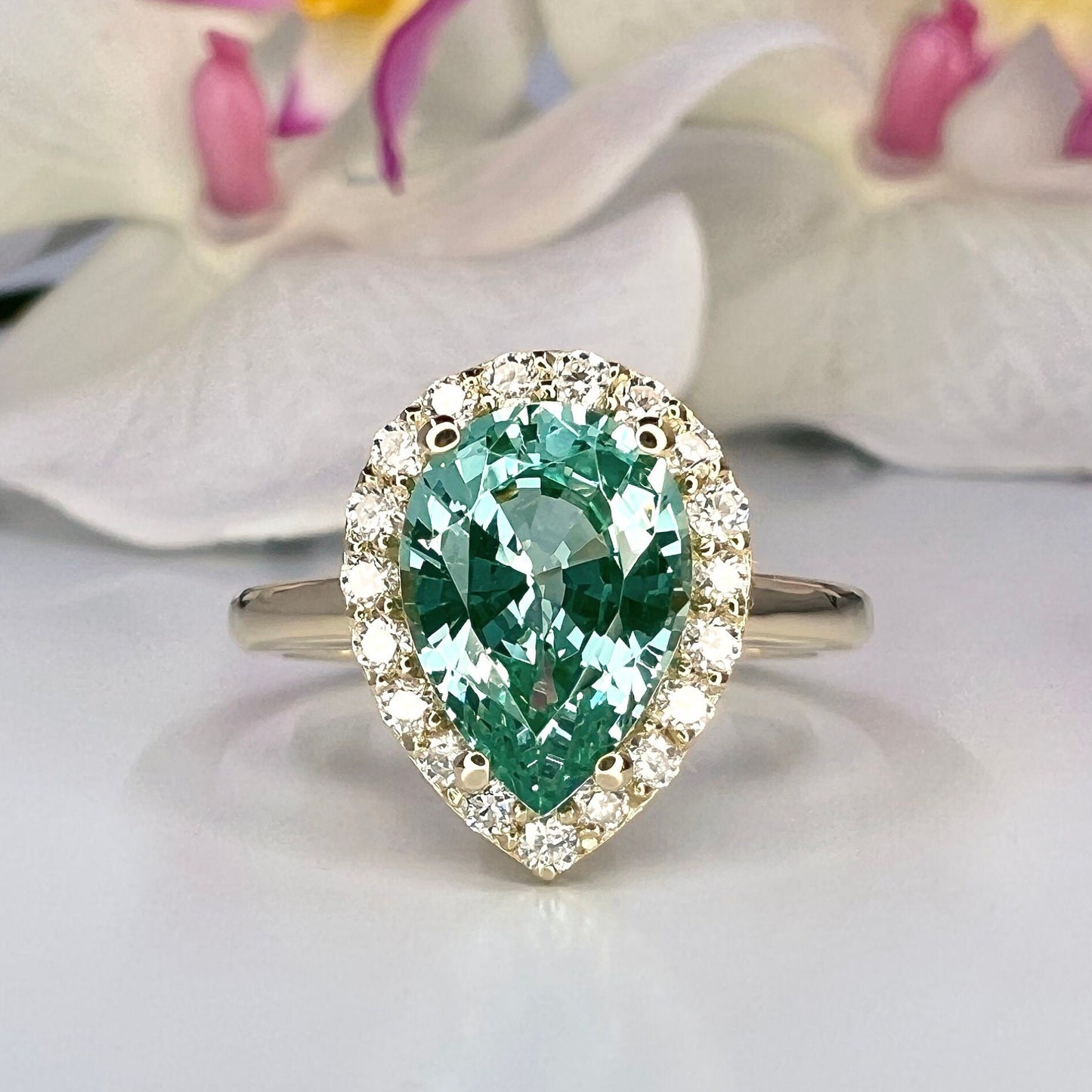 Teal Paraiba Tourmaline Engagement Ring 14K White Gold, Pear Shaped Halo Wedding Ring  Moissanite Halo Ring, Solitaire wedding ring,  #7993