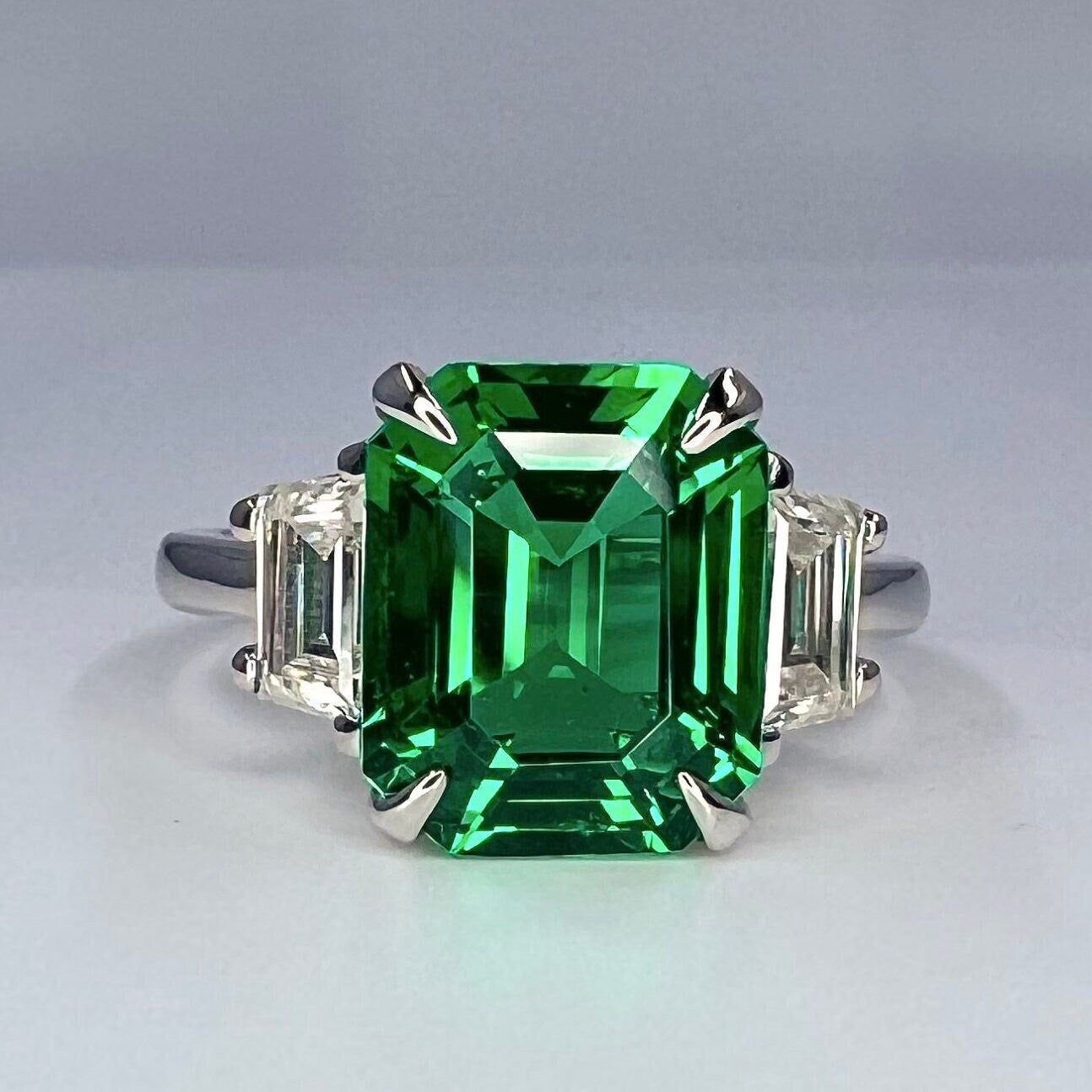 Emerald Cut Emerald Engagement Ring with Trapezoid 14K Solid White Gold, Emerald Three Stone Ladies Ring, Unique Emerald Wedding Ring  #7080