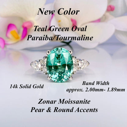 Oval cut teal green tourmaline ring 14K solid gold paraiba tourmaline engagement ring Unique vintage moissanite wedding ring for women #7997