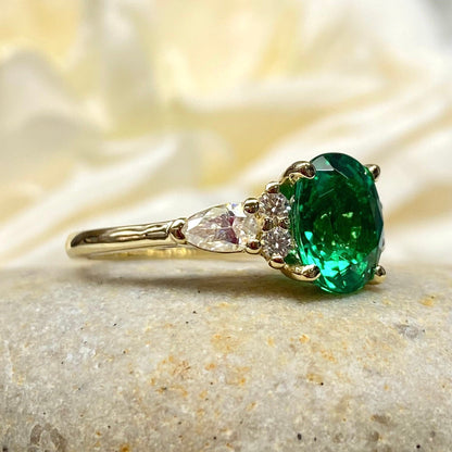 Oval Cut Emerald Engagement Ring, 14k Gold Oval Cut Emerald And Pear Moissanite Wedding Ring, Pear And Round Cluster Moissanite Ring  #7142