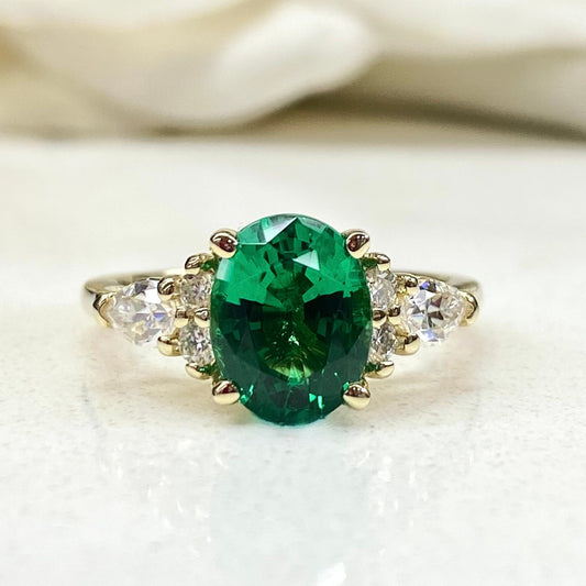 Oval Cut Emerald Engagement Ring, 14k Gold Oval Cut Emerald And Pear Moissanite Wedding Ring, Pear And Round Cluster Moissanite Ring  #7142