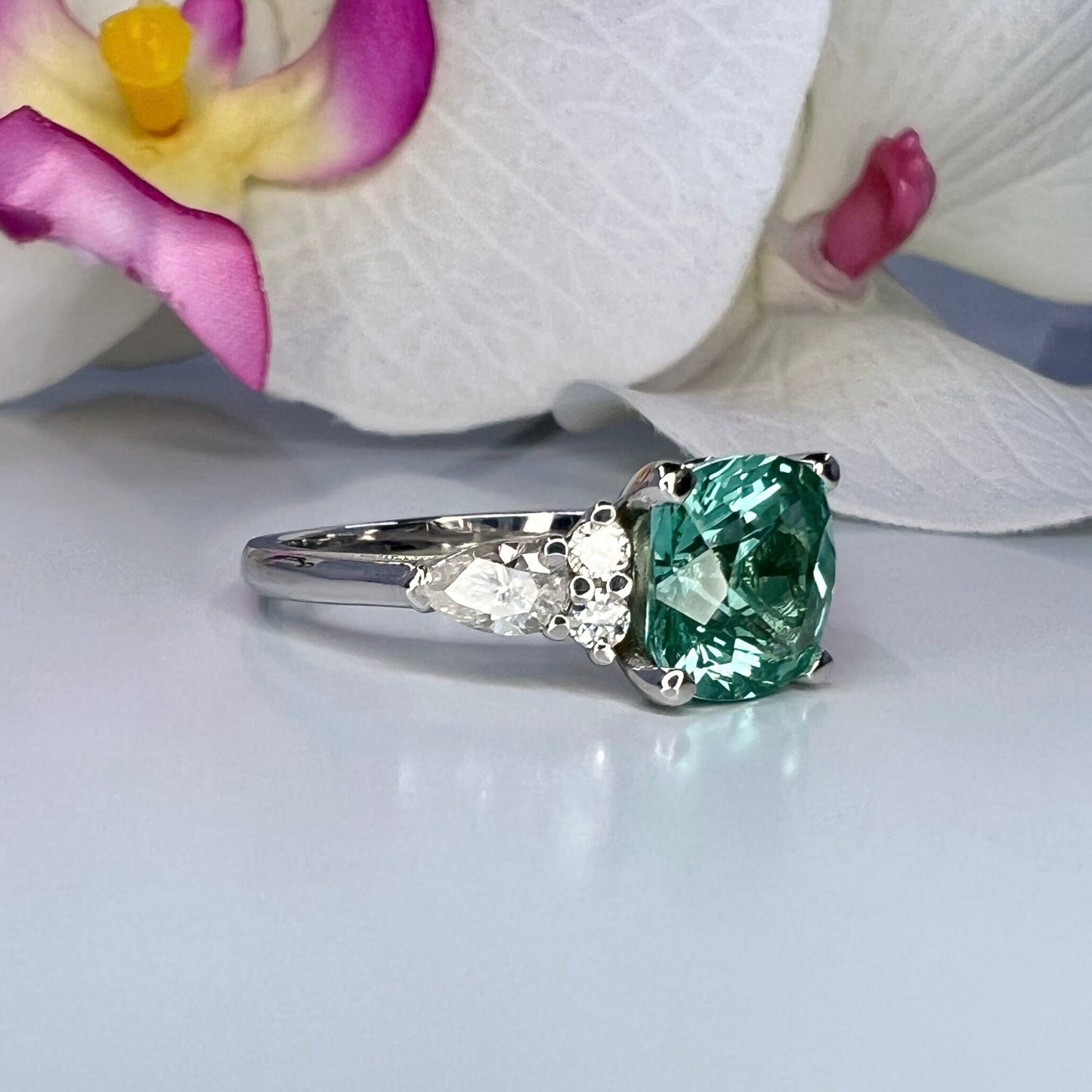 Cushion cut teal green tourmaline ring, 14K solid gold paraiba tourmaline engagement ring Unique vintage moissanite wedding ring women #7998