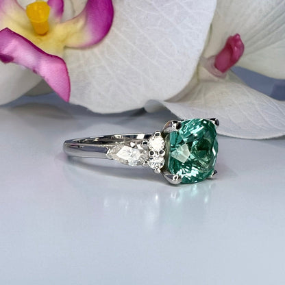 Cushion cut teal green tourmaline ring, 14K solid gold paraiba tourmaline engagement ring Unique vintage moissanite wedding ring women #7998