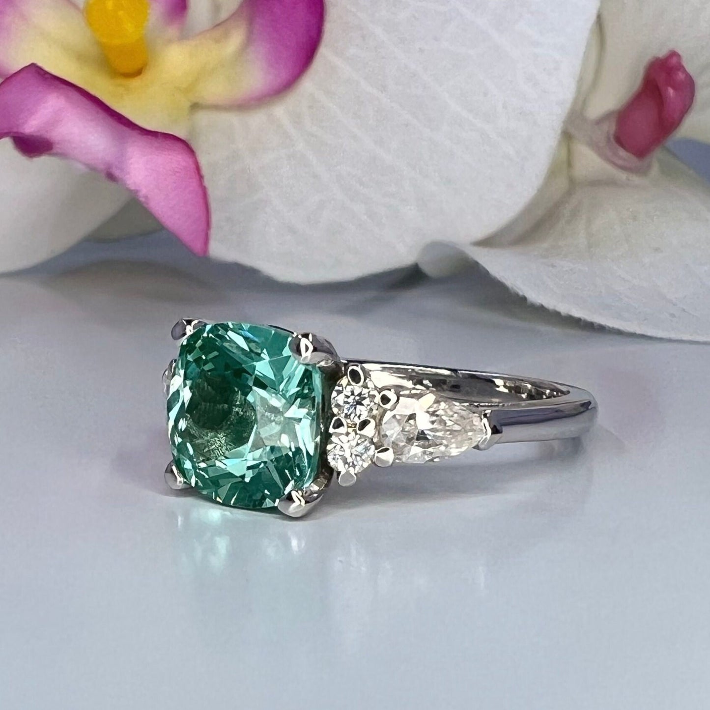 Cushion cut teal green tourmaline ring, 14K solid gold paraiba tourmaline engagement ring Unique vintage moissanite wedding ring women #7998