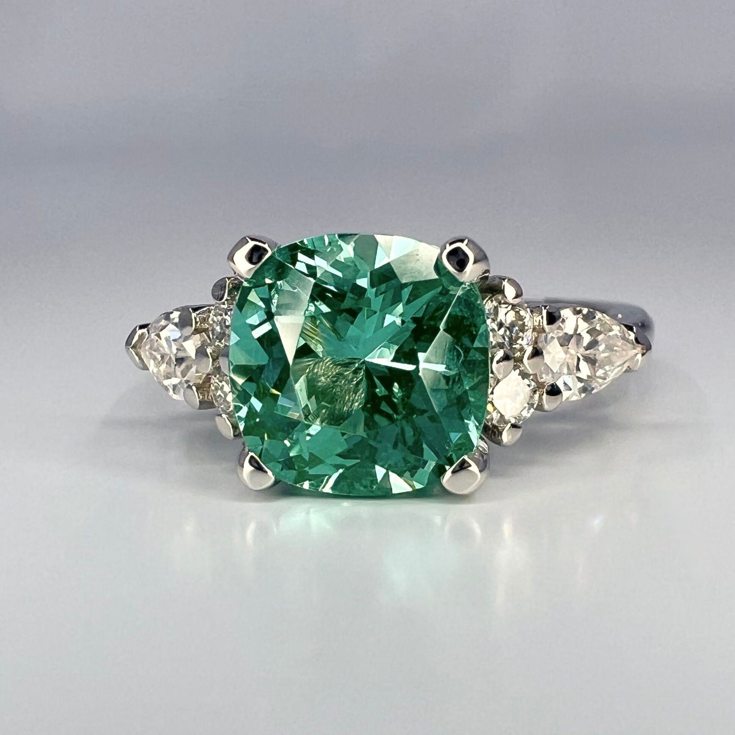 Cushion cut teal green tourmaline ring, 14K solid gold paraiba tourmaline engagement ring Unique vintage moissanite wedding ring women #7998