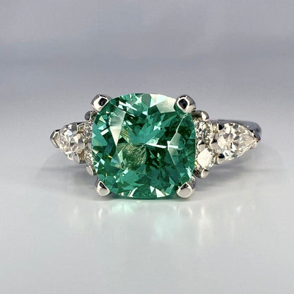 Cushion cut teal green tourmaline ring, 14K solid gold paraiba tourmaline engagement ring Unique vintage moissanite wedding ring women #7998
