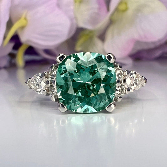 Cushion cut teal green tourmaline ring, 14K solid gold paraiba tourmaline engagement ring Unique vintage moissanite wedding ring women #7998