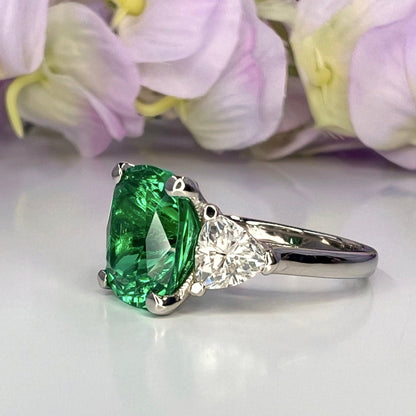 Elongated cushion cut emerald engagement ring with moissanite trillions 14k white gold Unique three stone emerald wedding promise ring #5514