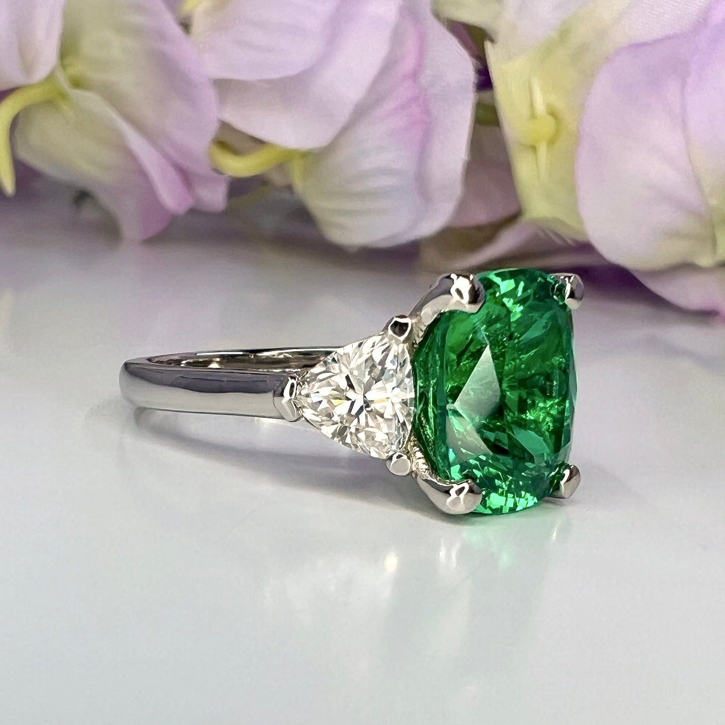 Elongated cushion cut emerald engagement ring with moissanite trillions 14k white gold Unique three stone emerald wedding promise ring #5514