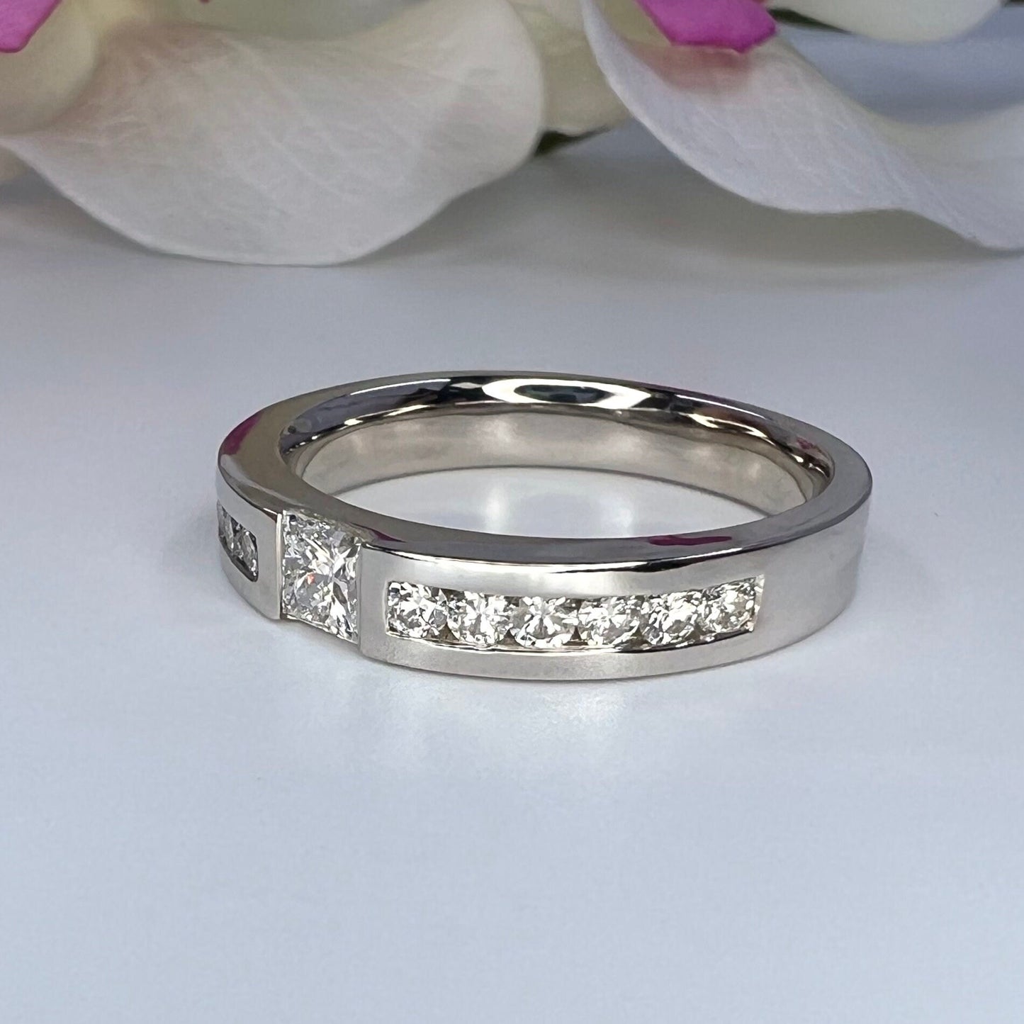 Men's Wedding Band, Men's Princess Cut Diamond Wedding Band  White Gold Matching Wedding Band Promise Ring Anniversary Ring  #7468