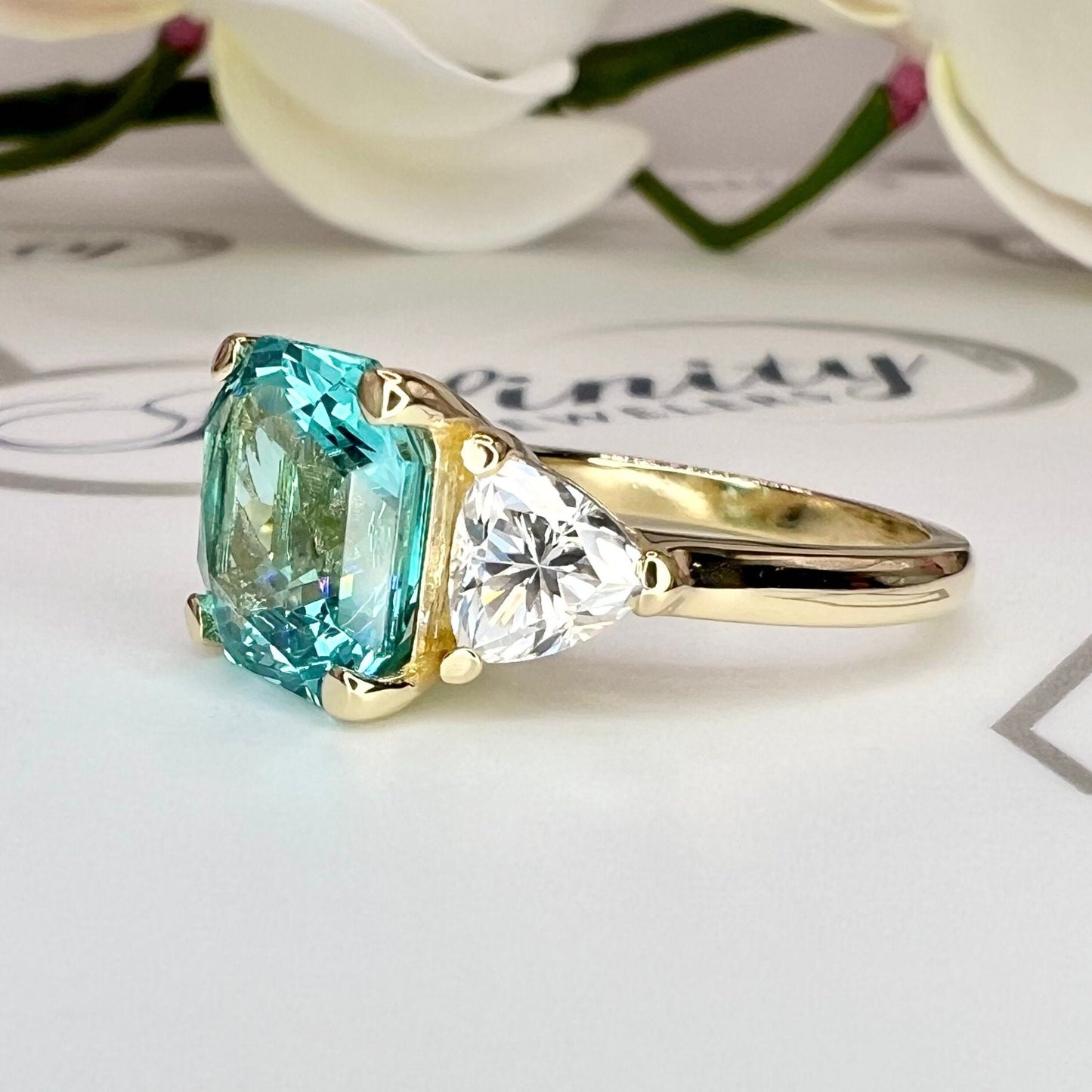 Paraiba Tourmaline Engagement Ring And Moissanite Accents 14K Yellow Gold, Radiant Cut Paraiba Tourmaline With Trillion Sides, #6927