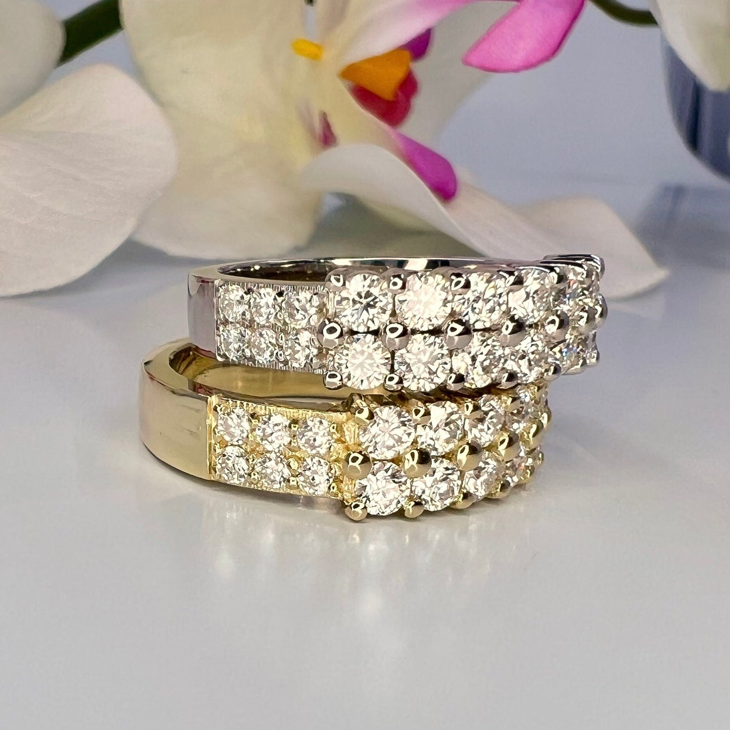 Diamond wedding band 14k solid gold, two row diamond anniversary band unique diamond half eternity wedding band, stacking diamond band #8013