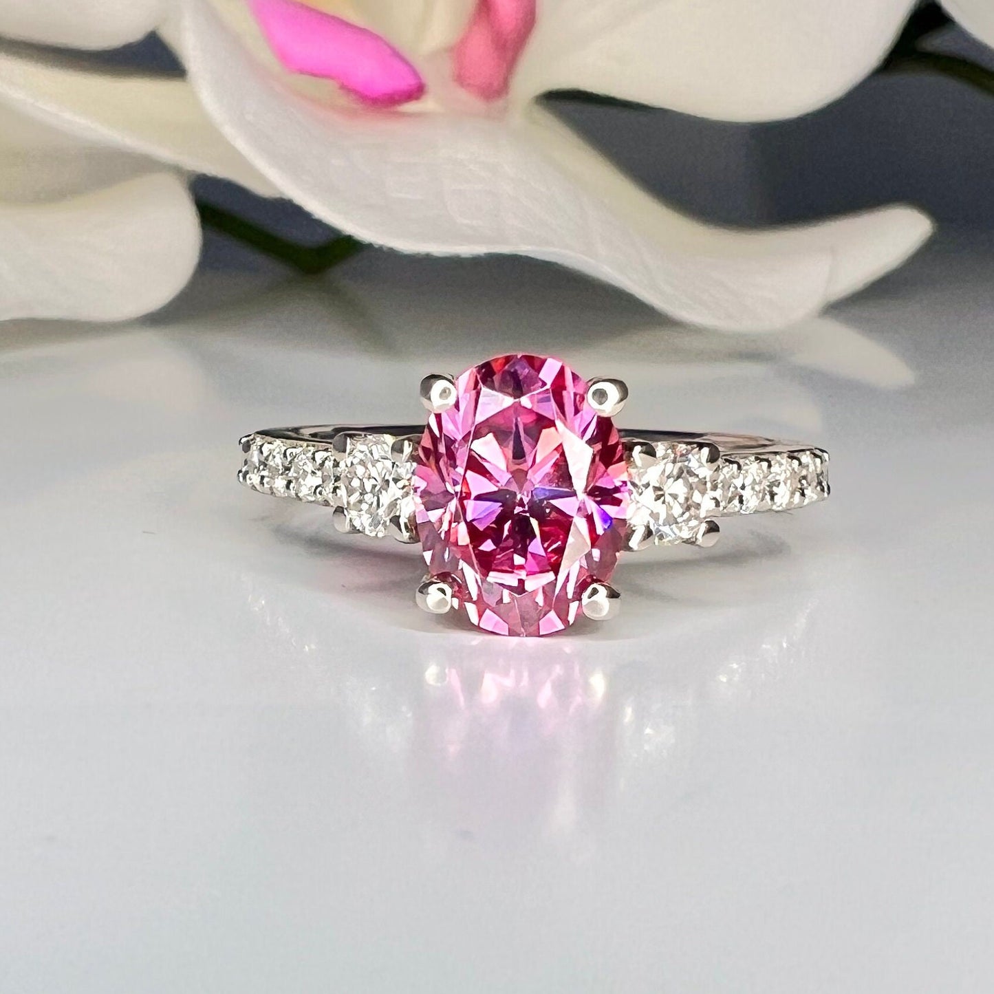 Pink moissanite ring 14k solid gold, Pink oval cut moissanite engagement ring for women, Unique moissanite wedding anniversary rings, #8015