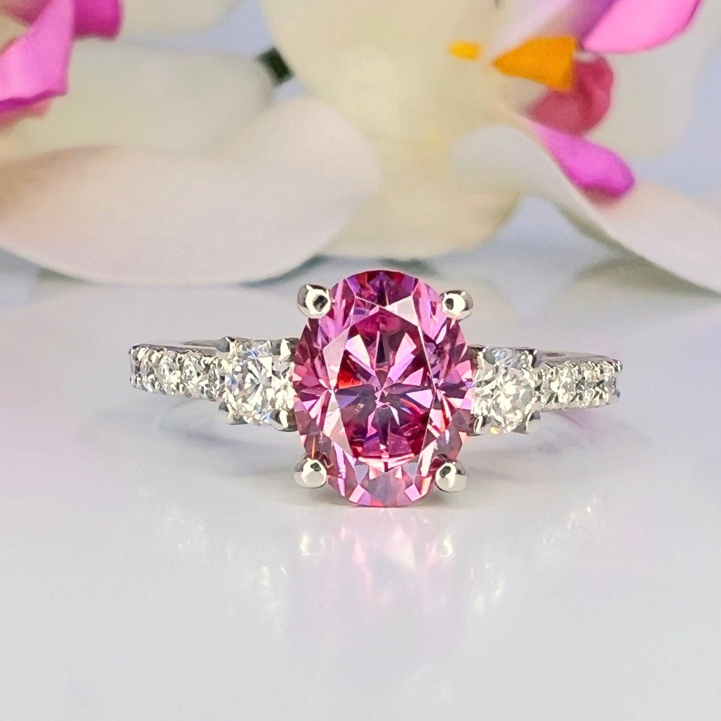 Pink moissanite ring 14k solid gold, Pink oval cut moissanite engagement ring for women, Unique moissanite wedding anniversary rings, #8015