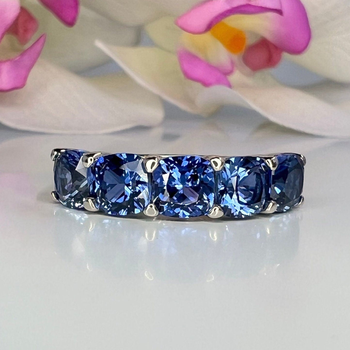 Cushion Cut Blue Sapphire Wedding Band Five Stone Blue Sapphire Ring Something Blue Unique Wedding Promise Anniversary Stacking Rings  #5988