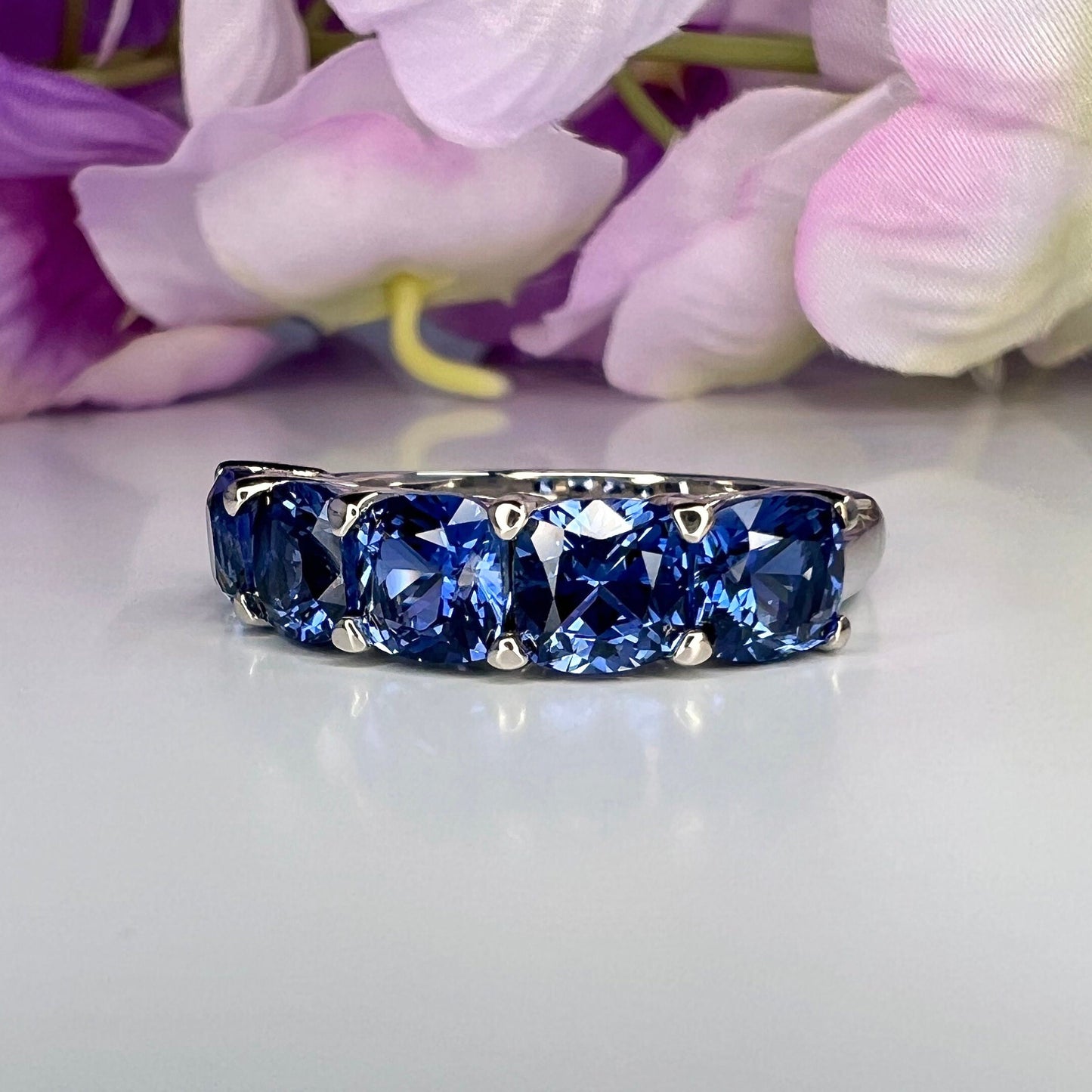 Cushion Cut Blue Sapphire Wedding Band Five Stone Blue Sapphire Ring Something Blue Unique Wedding Promise Anniversary Stacking Rings  #5988