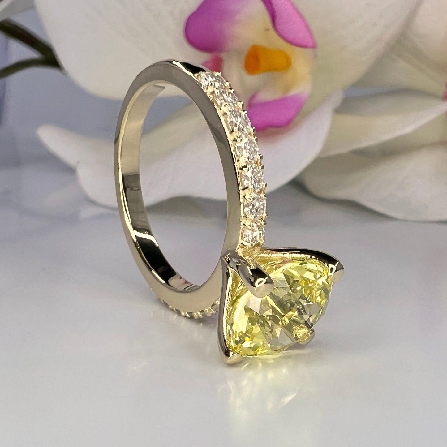Round Yellow Sapphire Engagement Ring 14K White Gold, Yellow Sapphire Solitaire Engagement Rings, Unique Vintage Yellow Sapphire Rings #7233