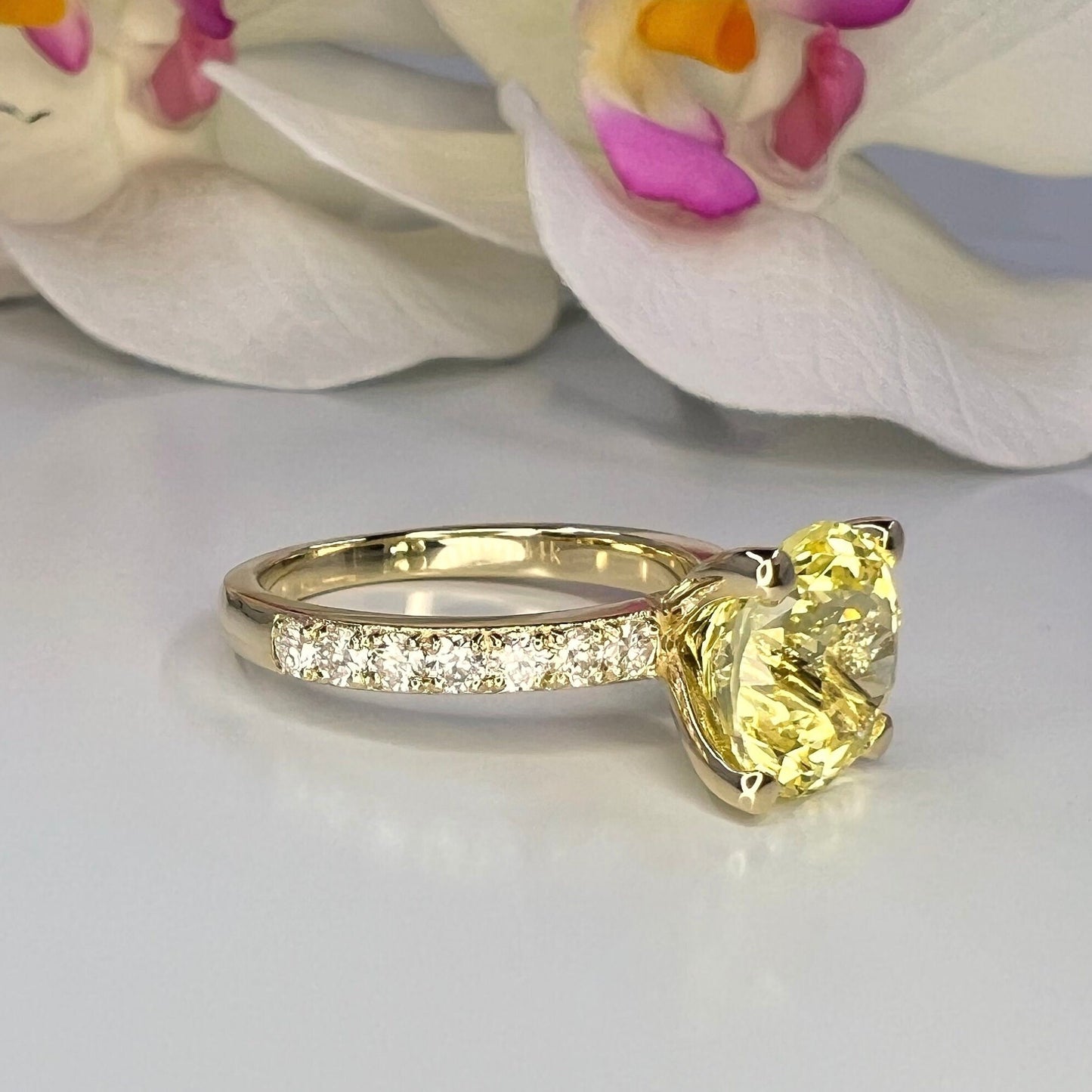 Round Yellow Sapphire Engagement Ring 14K White Gold, Yellow Sapphire Solitaire Engagement Rings, Unique Vintage Yellow Sapphire Rings #7233