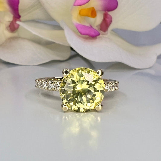 Round Yellow Sapphire Engagement Ring 14K White Gold, Yellow Sapphire Solitaire Engagement Rings, Unique Vintage Yellow Sapphire Rings #7233