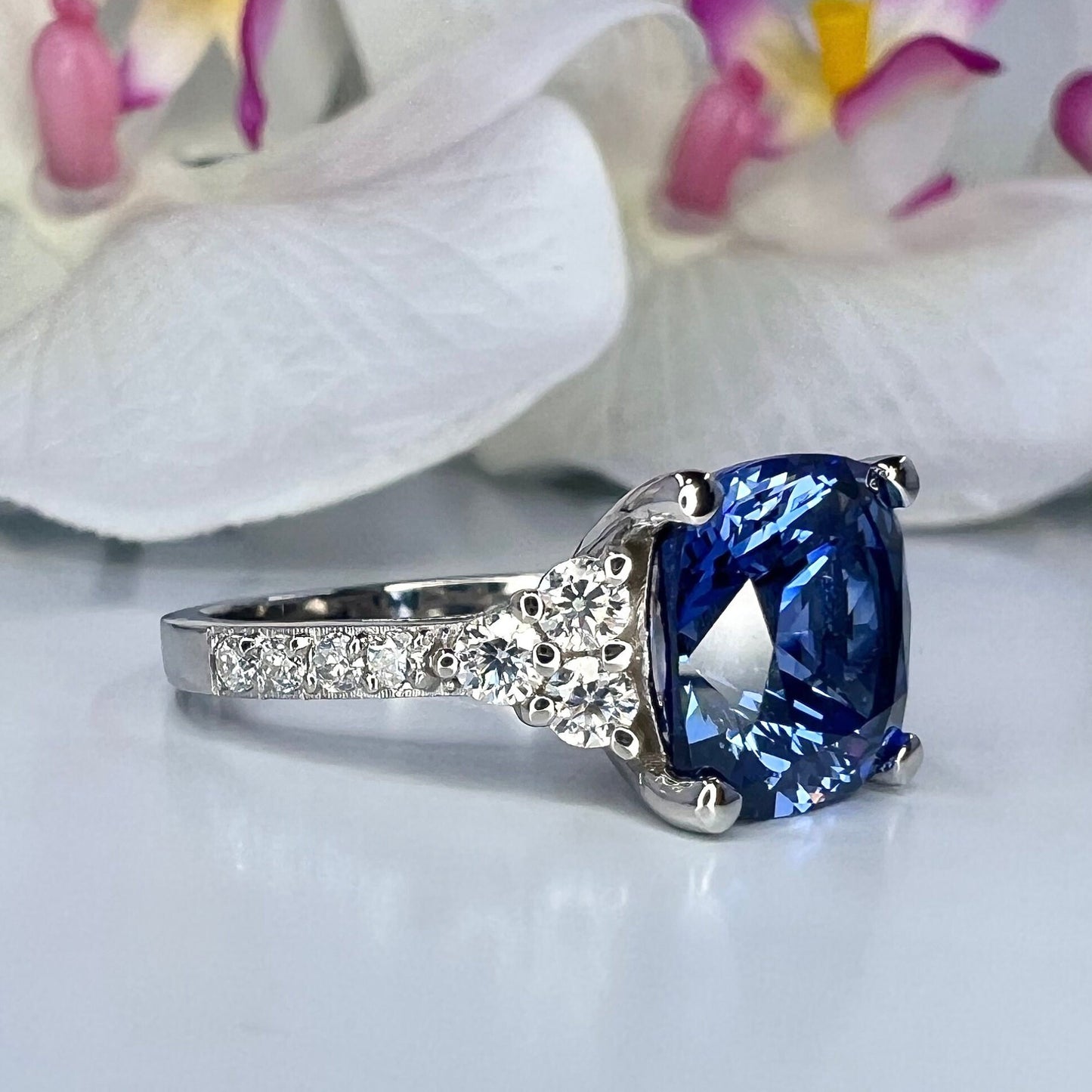 Blue Sapphire Ring 14K White Gold, September Birthstone Wedding Ring, Cushion Cut Blue Sapphire Engagement Ring, Unique Sapphire Ring