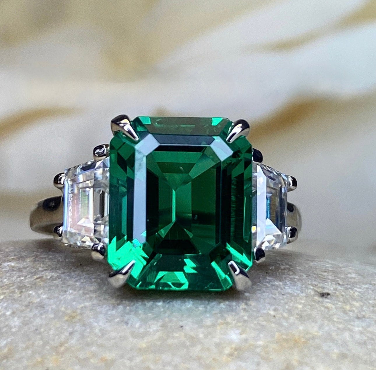 Emerald Cut Emerald Engagement Ring with Trapezoid 14K Solid White Gold, Emerald Three Stone Ladies Ring, Unique Emerald Wedding Ring  #7080