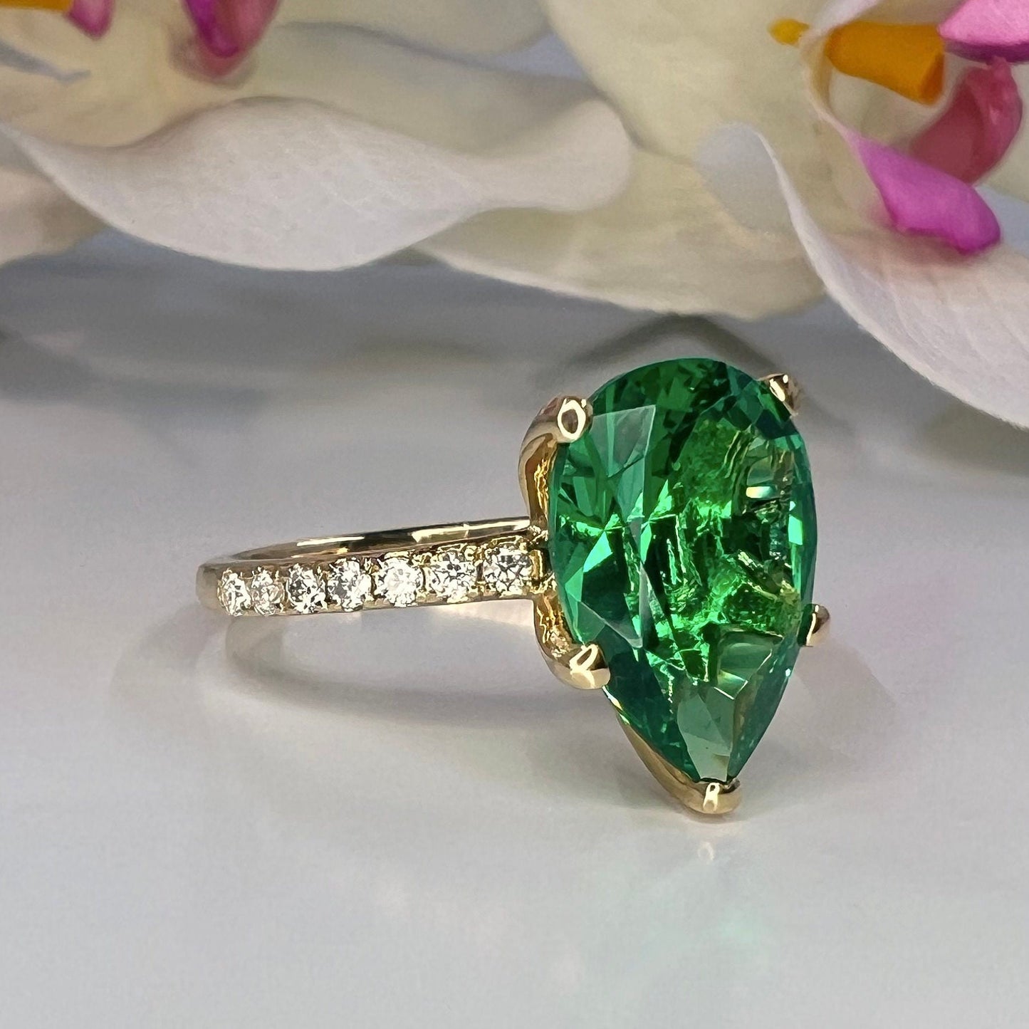 Pear Shape Emerald And Moissanite Engagement Ring, Green Emerald Pear Wedding Ring, Large Pear Shape And Moissanite Accents Ladies Ring 6178
