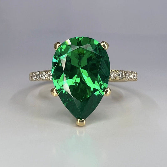 Pear Shape Emerald And Moissanite Engagement Ring, Green Emerald Pear Wedding Ring, Large Pear Shape And Moissanite Accents Ladies Ring 6178