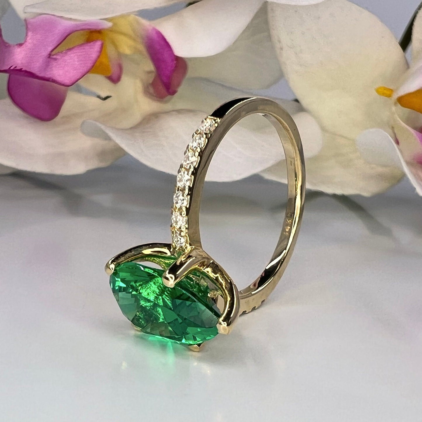 Pear Shape Emerald And Moissanite Engagement Ring, Green Emerald Pear Wedding Ring, Large Pear Shape And Moissanite Accents Ladies Ring 6178