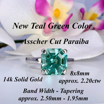 Asscher cut teal green tourmaline ring solid gold, paraiba tourmaline solitaire engagement ring, Unique green tourmaline wedding ring