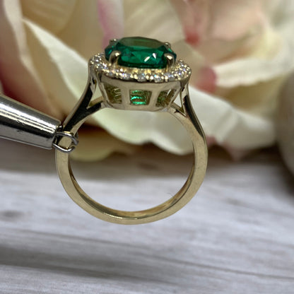 Round Shape Green Emerald Ring With Moissanite Halo 14K Yellow Gold, Round Emerald Engagement Ring Halo For Ladies, Birthstone Ring #7110