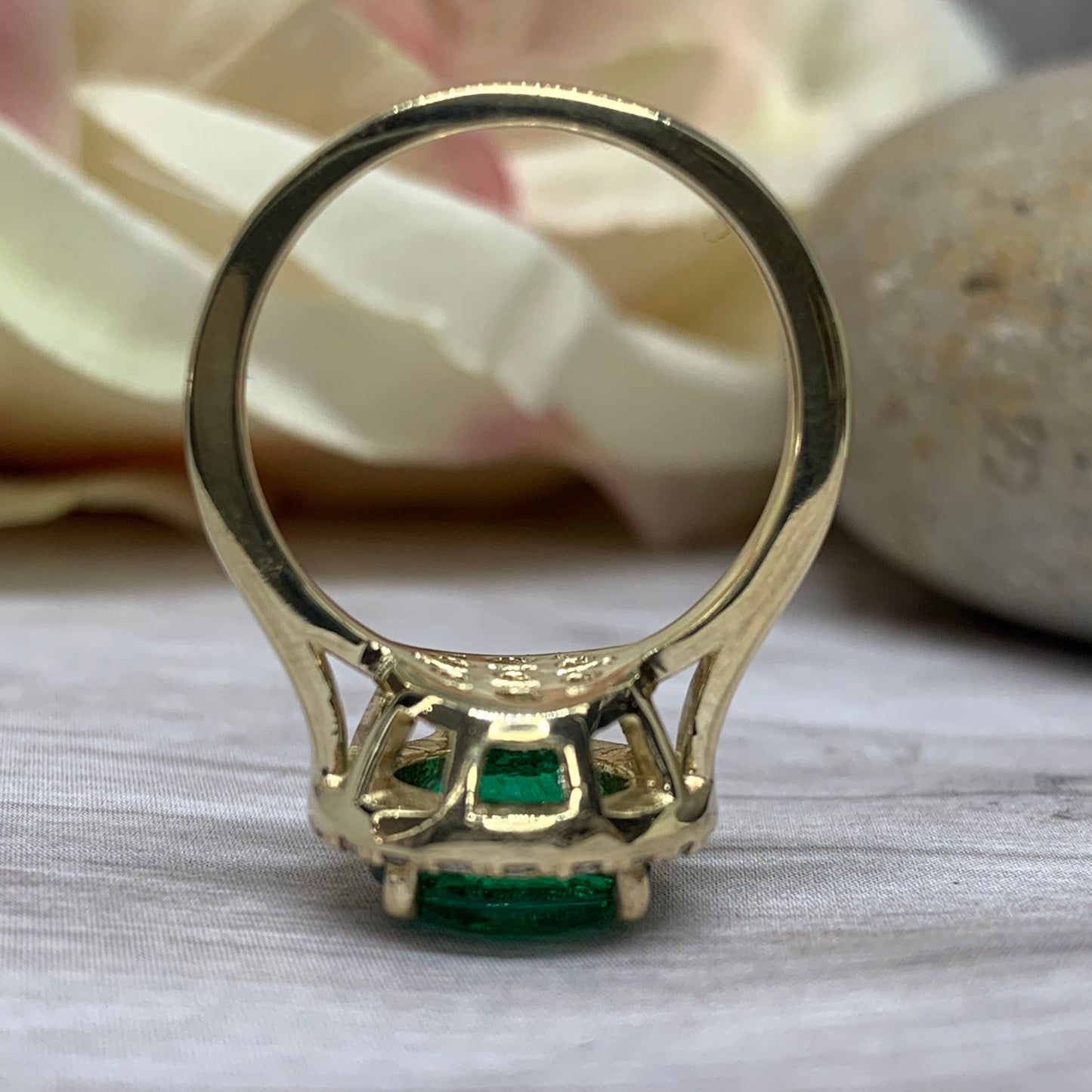 Round Shape Green Emerald Ring With Moissanite Halo 14K Yellow Gold, Round Emerald Engagement Ring Halo For Ladies, Birthstone Ring #7110