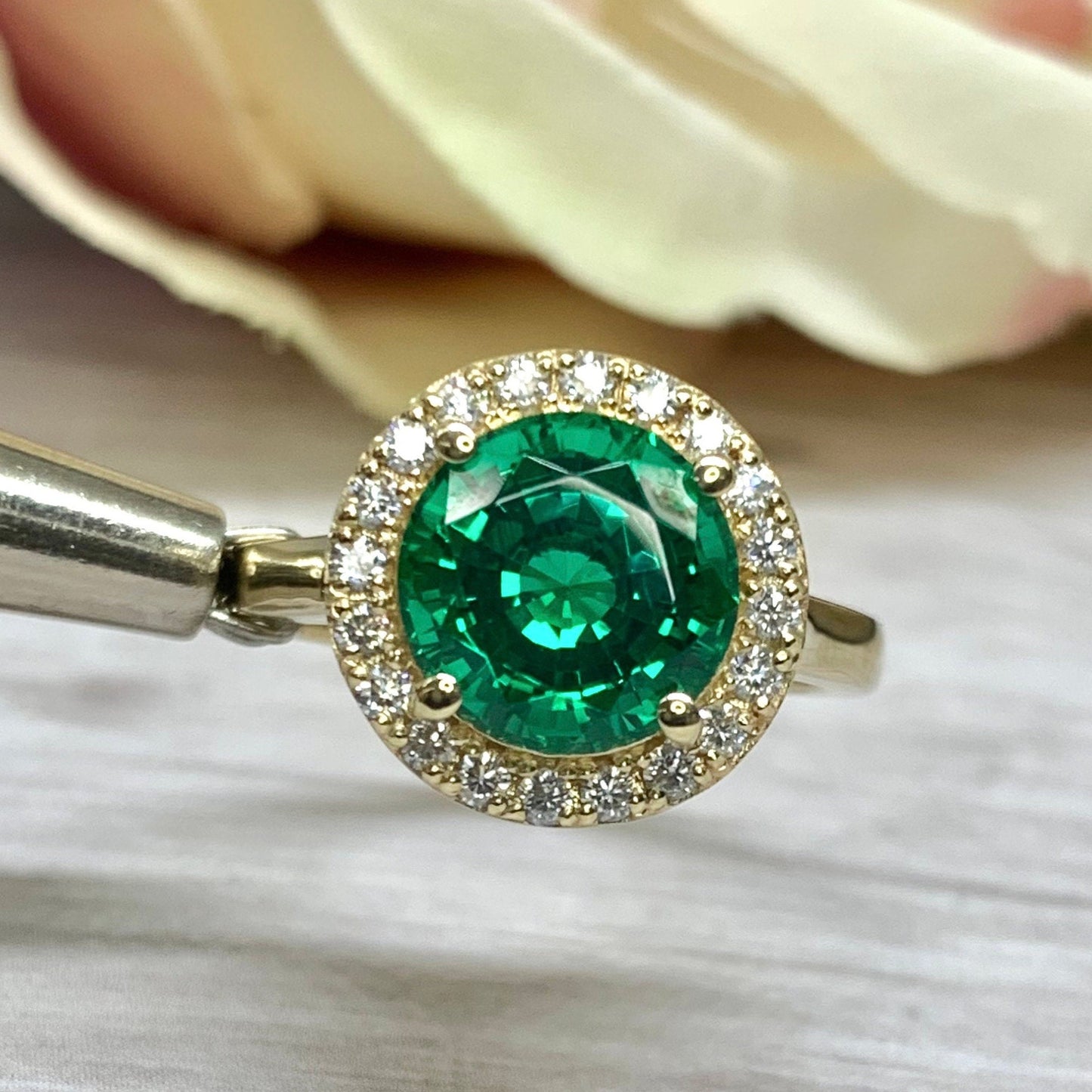 Round Shape Green Emerald Ring With Moissanite Halo 14K Yellow Gold, Round Emerald Engagement Ring Halo For Ladies, Birthstone Ring #7110