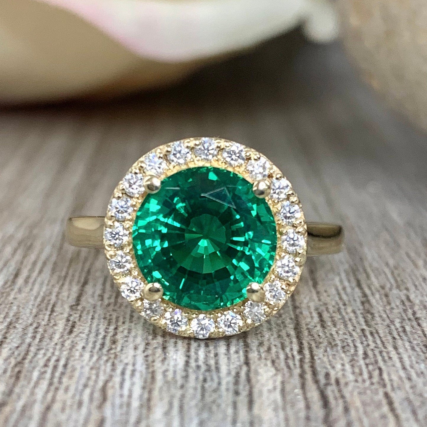 Round Shape Green Emerald Ring With Moissanite Halo 14K Yellow Gold, Round Emerald Engagement Ring Halo For Ladies, Birthstone Ring #7110