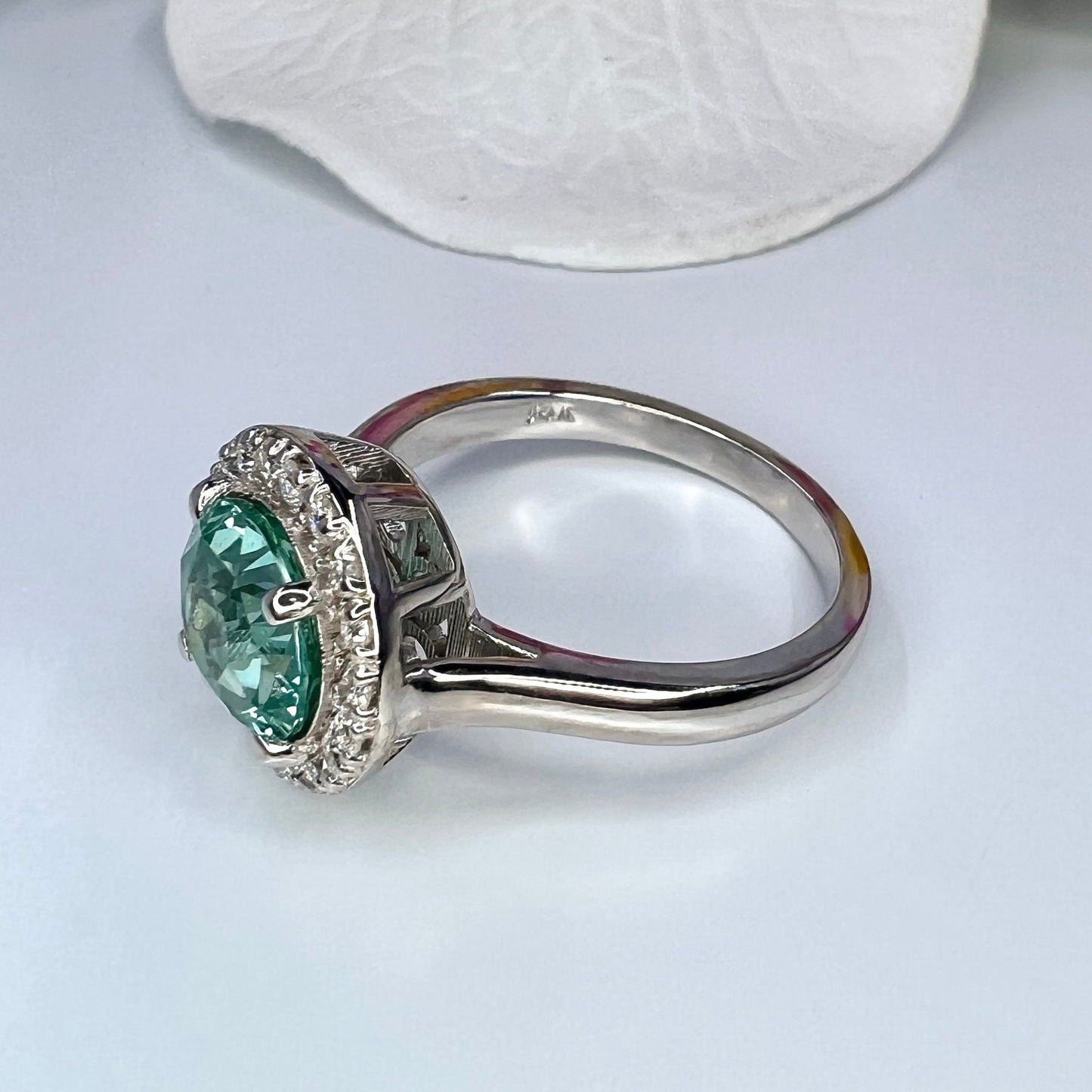 Teal Green Paraiba tourmaline vintage engagement ring, moissanite halo 14k solid gold, Unique vintage style teal green wedding ring, #7994