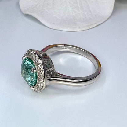 Teal Green Paraiba tourmaline vintage engagement ring, moissanite halo 14k solid gold, Unique vintage style teal green wedding ring, #7994