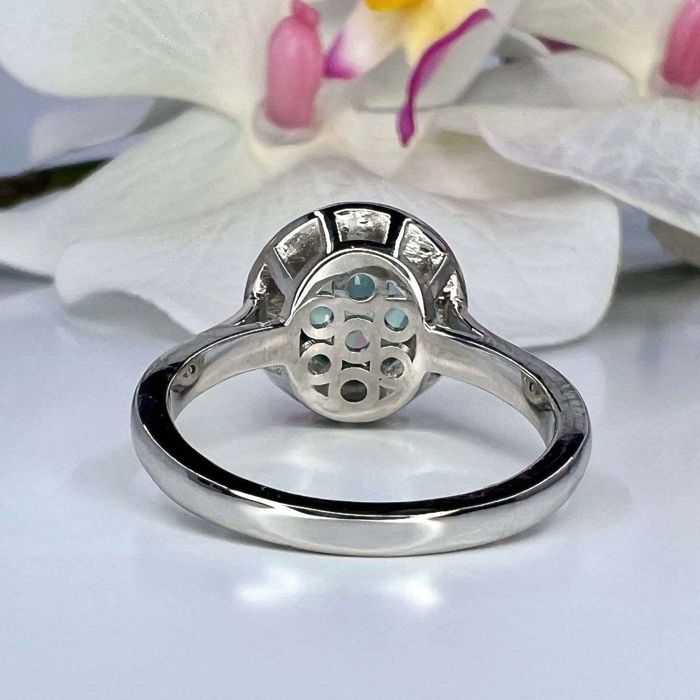 Teal Green Paraiba tourmaline vintage engagement ring, moissanite halo 14k solid gold, Unique vintage style teal green wedding ring, #7994