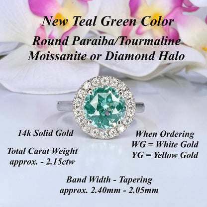 Teal Green Paraiba tourmaline vintage engagement ring, moissanite halo 14k solid gold, Unique vintage style teal green wedding ring, #7994
