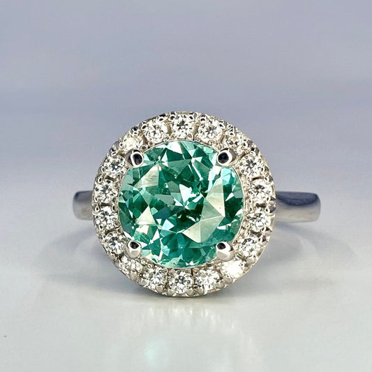 Teal Green Paraiba tourmaline vintage engagement ring, moissanite halo 14k solid gold, Unique vintage style teal green wedding ring, #7994
